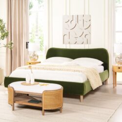 Roman - King Curved Headboard Upholstered Platform Bed - Olive Green