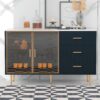 Modern Sideboard Buffet Cabinet Marble Sticker Tabletop And Amber-Yellow Tempered Glass Doors With Gold Metal Legs & Handles - Navy Blue - Image 3