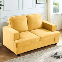 Modern Loveseat, Comfortable 2 Seater Couch With Deep Seating, Loose Back Cushions, Wide Arms - Mustard Yellow