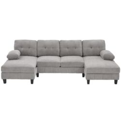 U Shaped Sectional Sofa Couch With Dual Chaise Lounges, Storage Pockets And Armrest Pillows - Gray