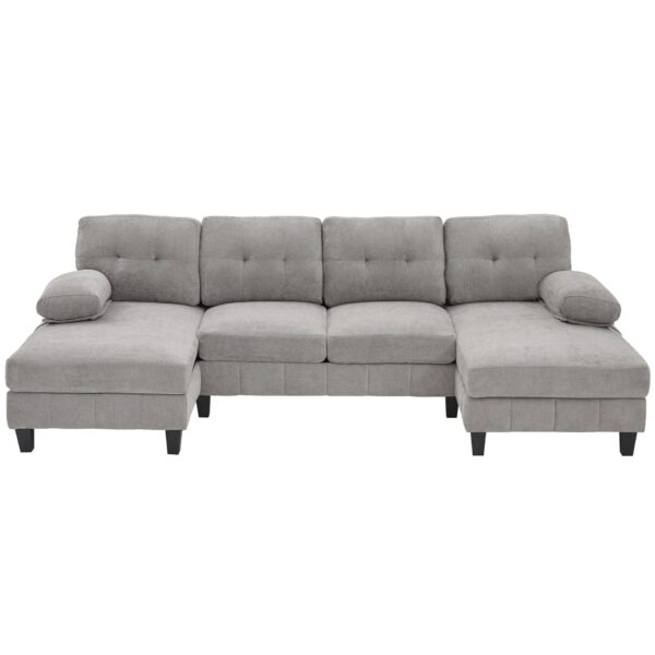 U Shaped Sectional Sofa Couch With Dual Chaise Lounges, Storage Pockets And Armrest Pillows - Gray