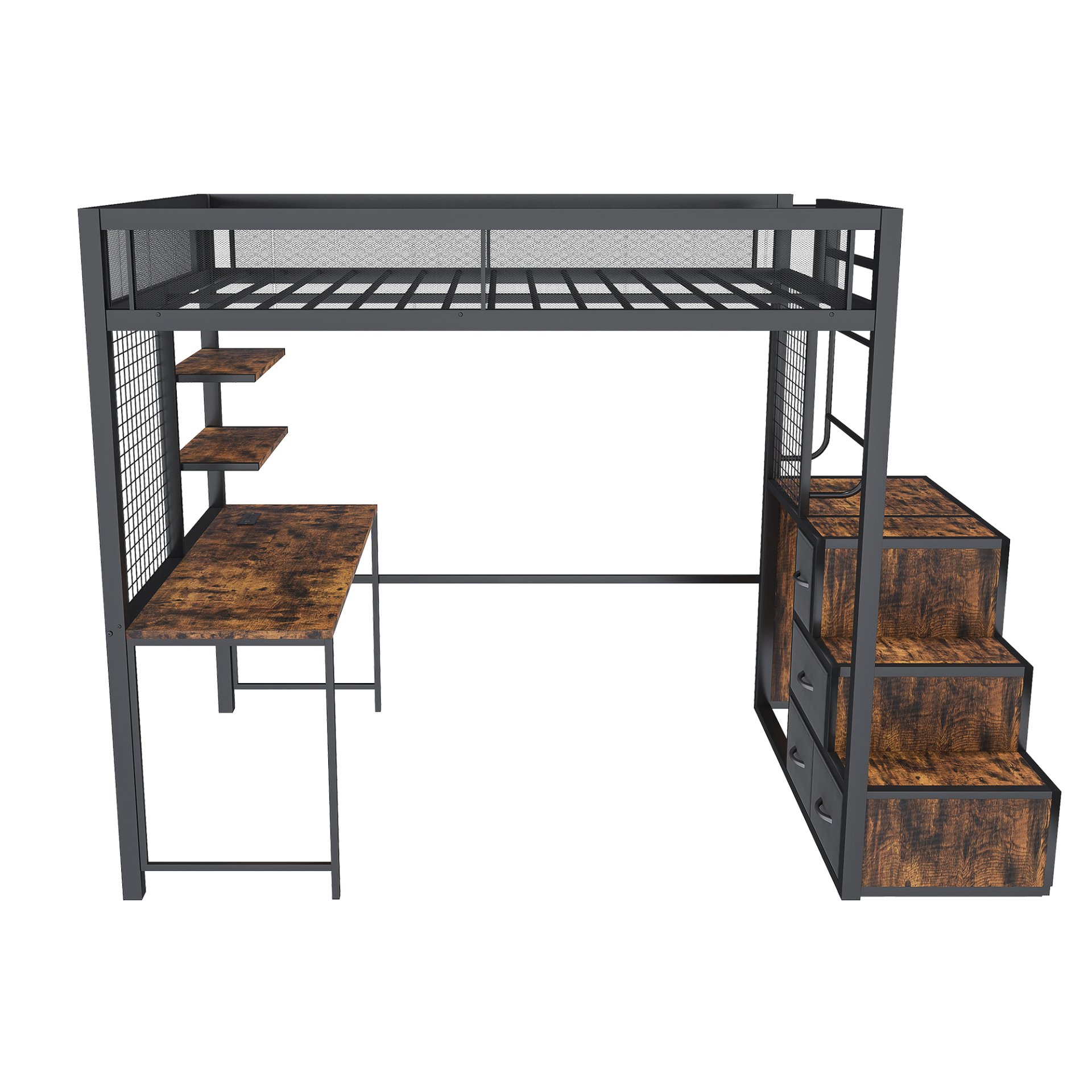 Heavy Duty Full Loft Bed With Desk & USB Charging Metal Frame With Storage Drawers And Staircase - Black - Image 19