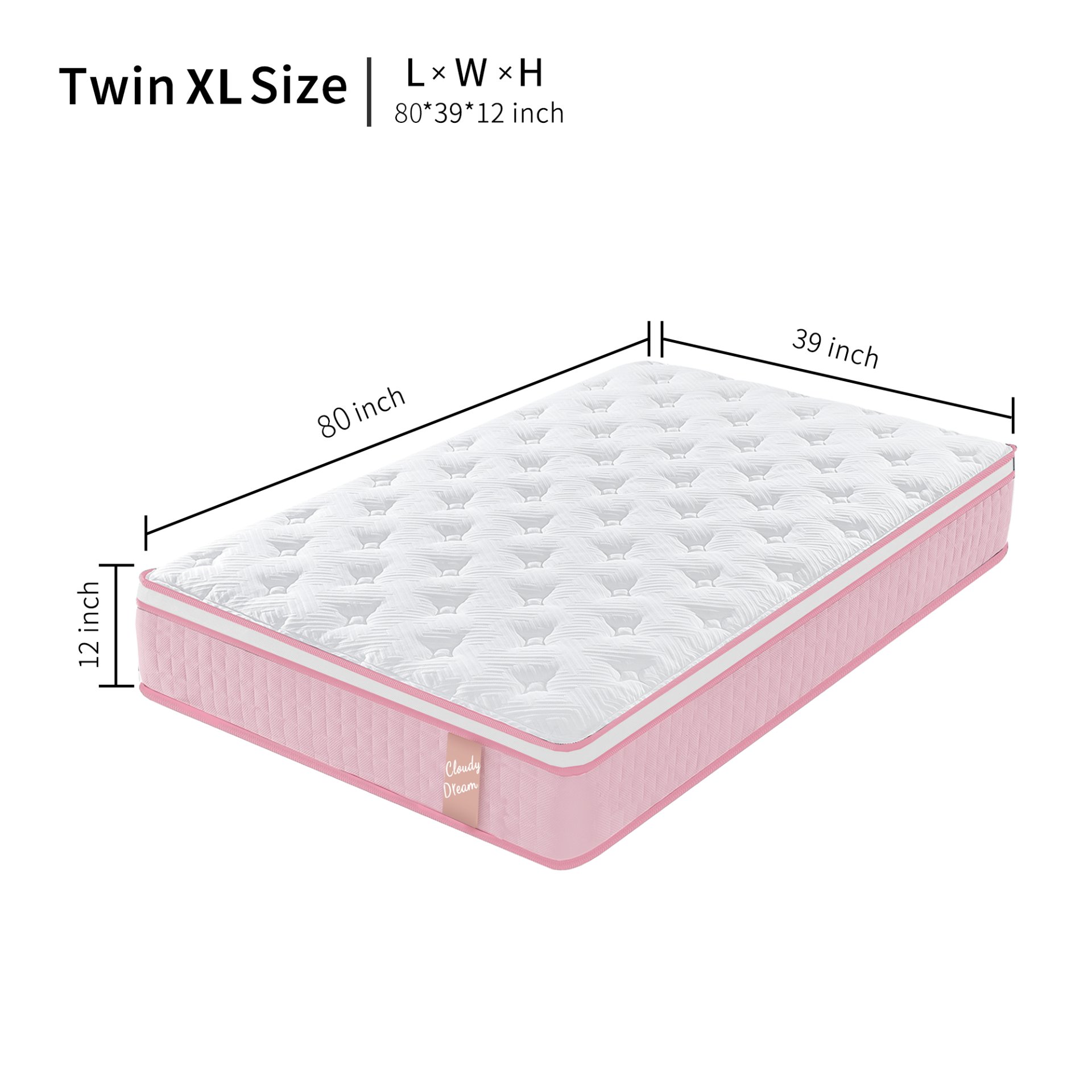 12" Twin Long Hybrid Mattress Individual Pocket Spring & Memory Foam Cool Knitted Cover - Pink - Image 3