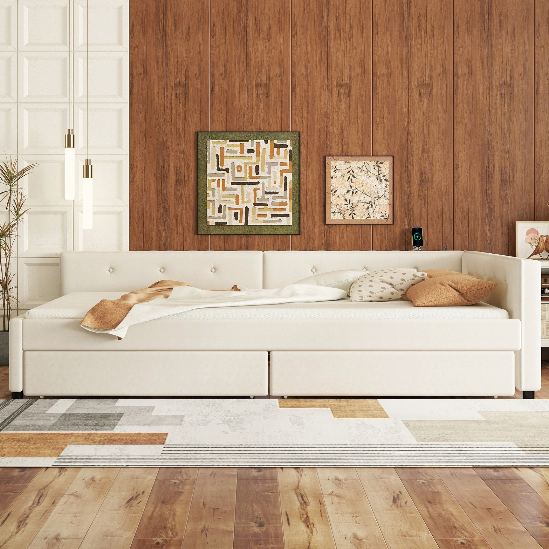 Full Size Upholstered Platform Bed With USB Ports And Storage Drawers - Beige - Image 4
