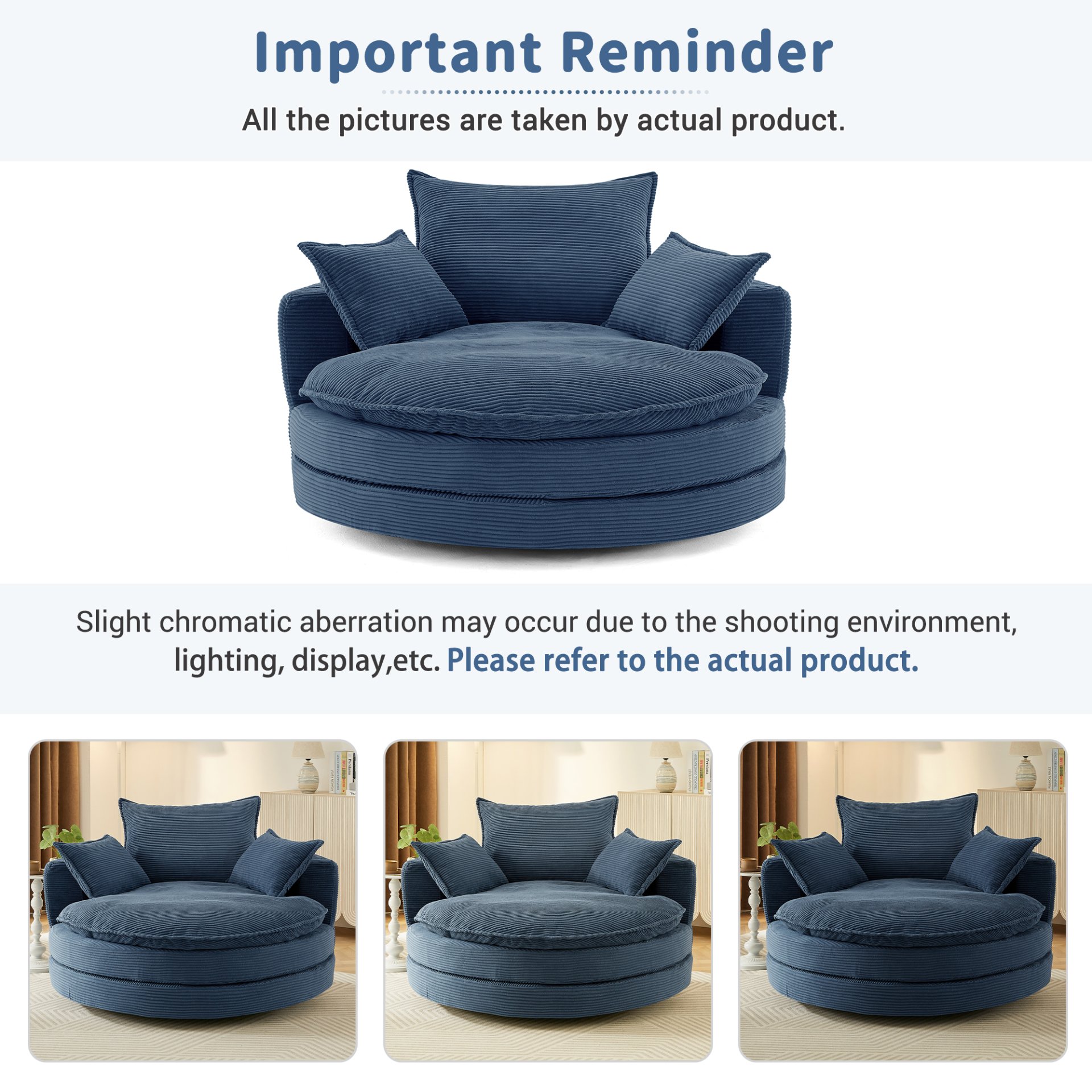 Modern 360° Swivel Sofa Chair With Dual Layer Cushion And Removable Pillows - Blue - Image 8