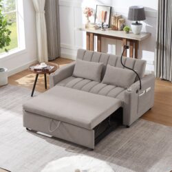 Convertible Sofa Bed Loveseat Sofa With Three USB Ports, Two Side Pockets, Two Cup Holders And 360° swivel Phone Holder For Living Room - Light Gray