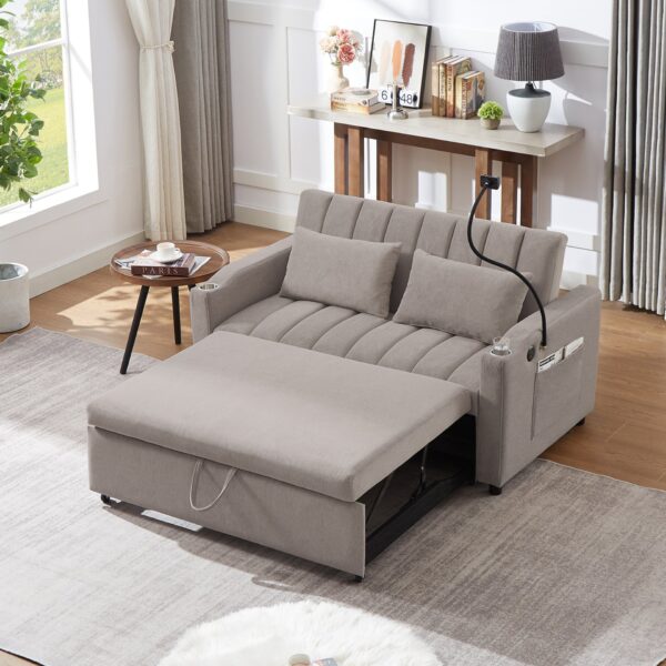 Convertible Sofa Bed Loveseat Sofa With Three USB Ports, Two Side Pockets, Two Cup Holders And 360° swivel Phone Holder For Living Room - Light Gray