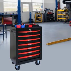 Rolling Metal Tool Chest With 7 Drawers, Steel Storage Cabinet With Ball Bearing Slides - Black / Red