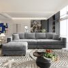Plush Corduroy 4 Seat Sofa, Modern Comfy Upholstered Sofa Cloud Couch, Deep Seat Couches With Soft Pillows And 3 Ottomans, Convertible Sofa Lounge Chair, For Living Room, Apartment, Office - Gray - Image 12