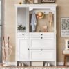 Hall Tree With Integrated Shoe Cabinet And Mirrored Cabinet Door, Coat Hanger, Entryway Bench, 4 In 1 Design, 2 Flip Drawers, 4 Hooks And 2 Cabinets For Entrance, Living Room - White - Image 4