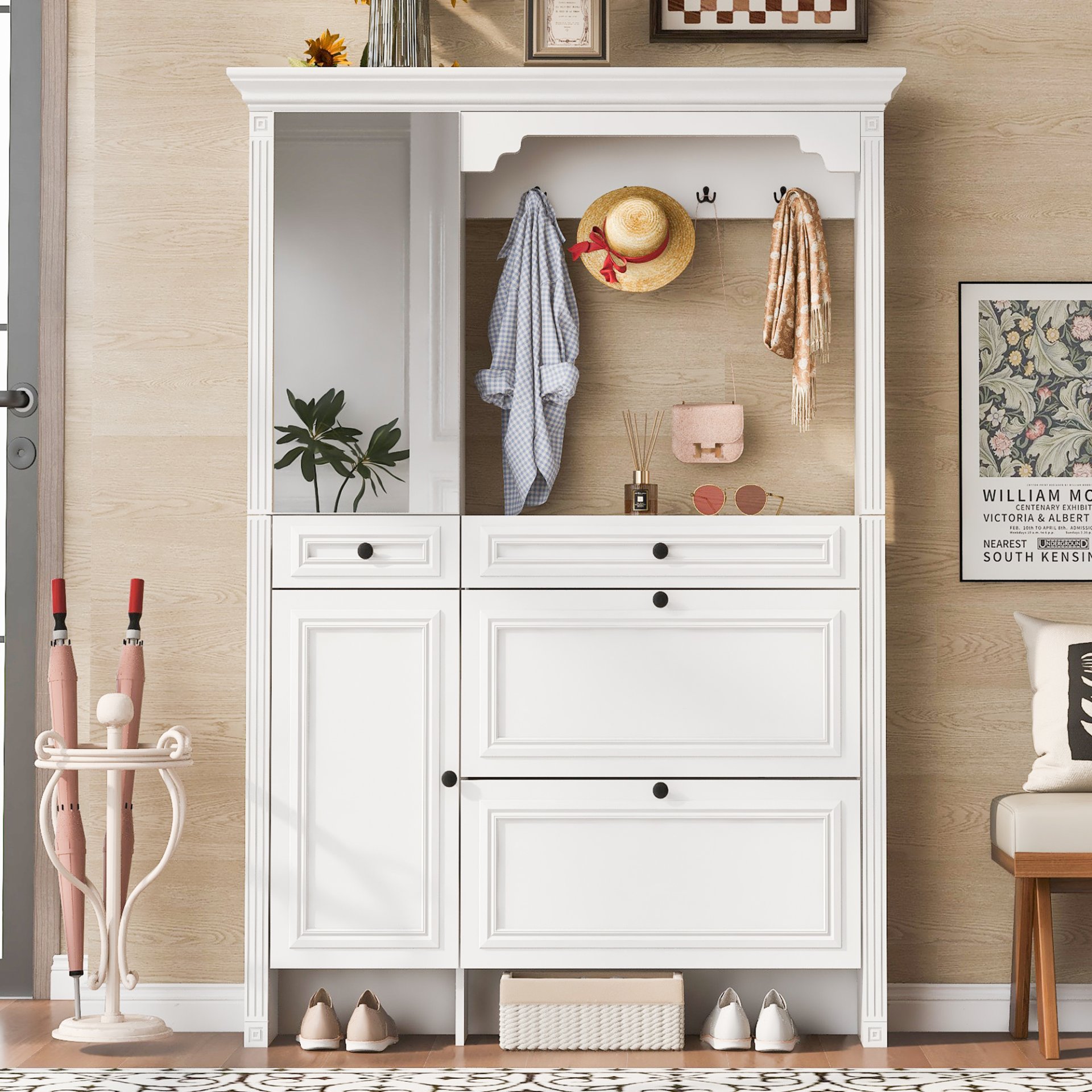 Hall Tree With Integrated Shoe Cabinet And Mirrored Cabinet Door, Coat Hanger, Entryway Bench, 4 In 1 Design, 2 Flip Drawers, 4 Hooks And 2 Cabinets For Entrance, Living Room - White - Image 4