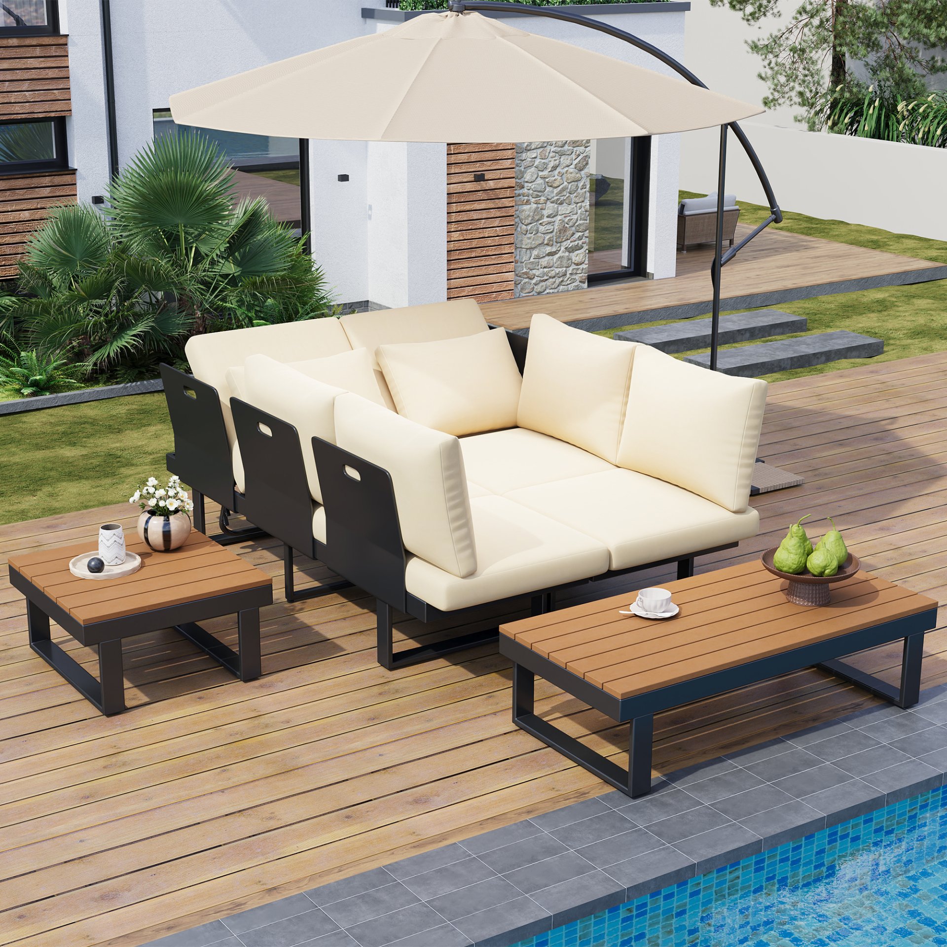 Outdoor Sectional Sofa Set With Adjustable Reclining Seats For Backyard - Beige - Image 16