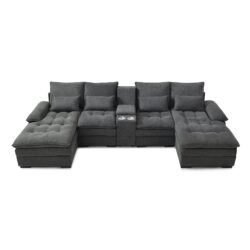 Contemporary U Shaped Sofa With Console And Cupholders Fabric, 6 Seat Living Room Sleeper Couch With Chaise - Gray