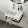 Wall Mounted Rectangular Bathroom Sink With Towel Bar And Faucet Hole - White - Image 4