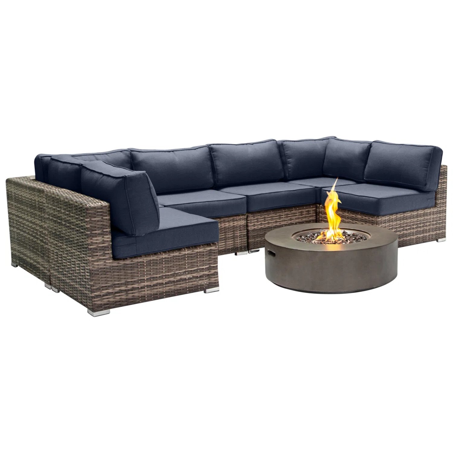 Outdoor 7 Piece Sectional Seating Group With Cushions And Fire Pit - Gray / Navy - Image 4