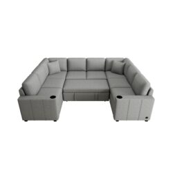 Multi Functional U Shaped Sectional Sofa Convertible Pull Out Bed Chenille - Gray