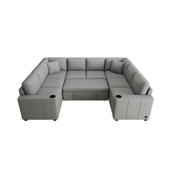 Multi Functional U Shaped Sectional Sofa Convertible Pull Out Bed Chenille - Gray