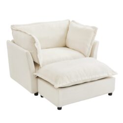 Modern Armchair Sofa Cozy Upholstered Sofa Chair With Movable Ottoman, Wide Seat, Curved Armrests And Soft Pillows Chenille - Beige