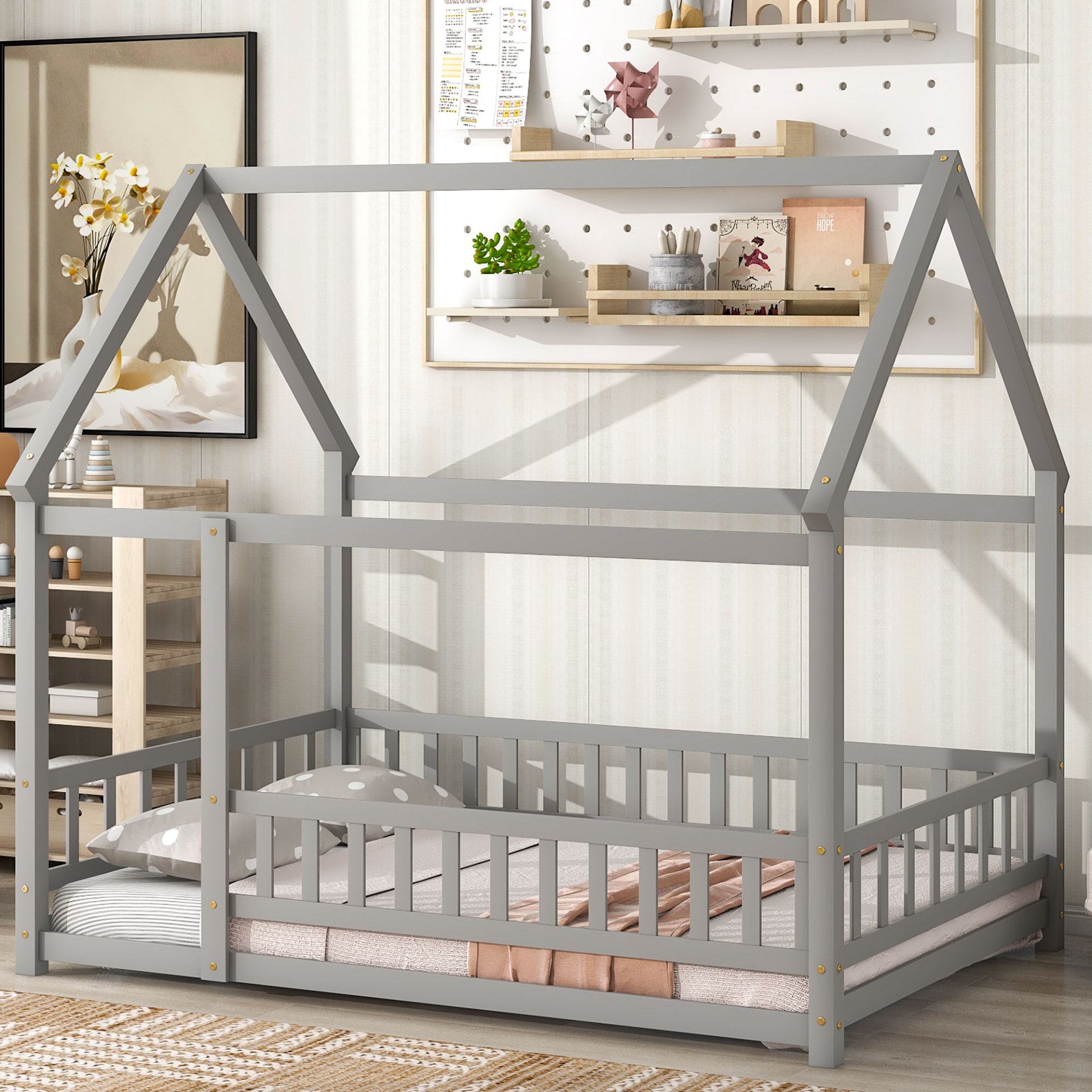 Full Size Floor Wooden Bed With House Roof Frame, Fence Guardrails - Gray - Image 2
