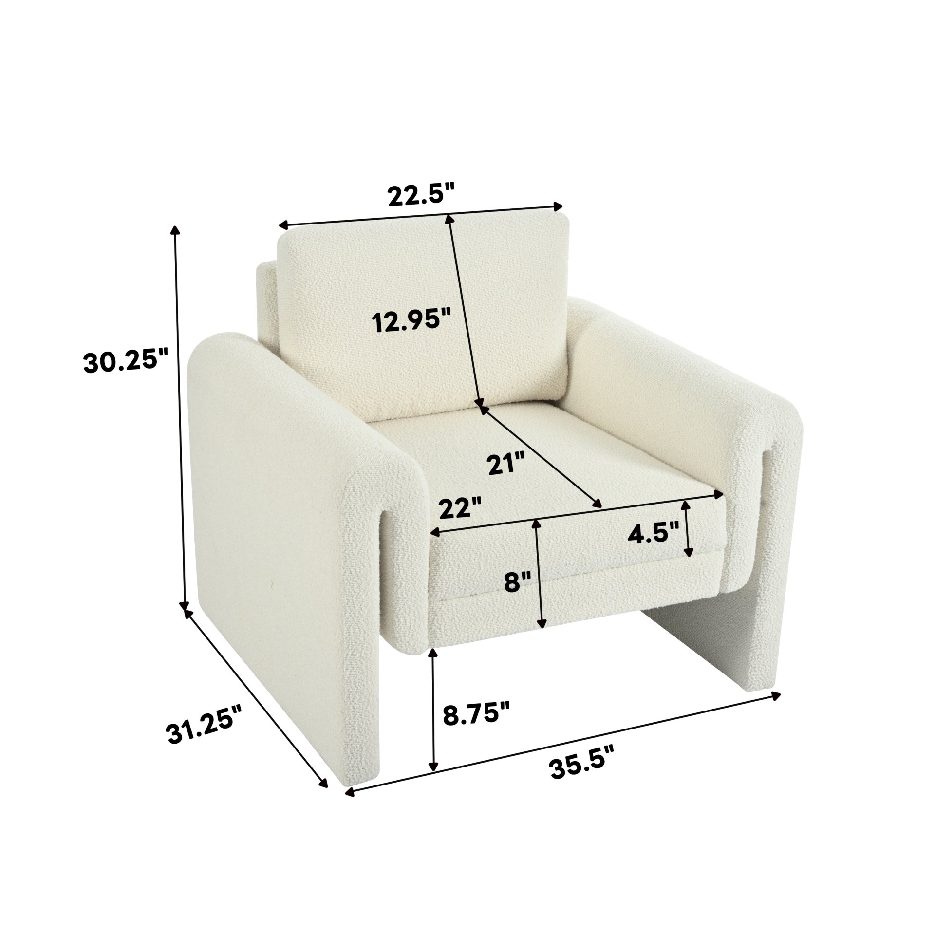 Modern Boucle Upholstered Accent Chair Luxurious Comfort & Sturdy Support, Solid Wood Frame - Ivory - Image 3