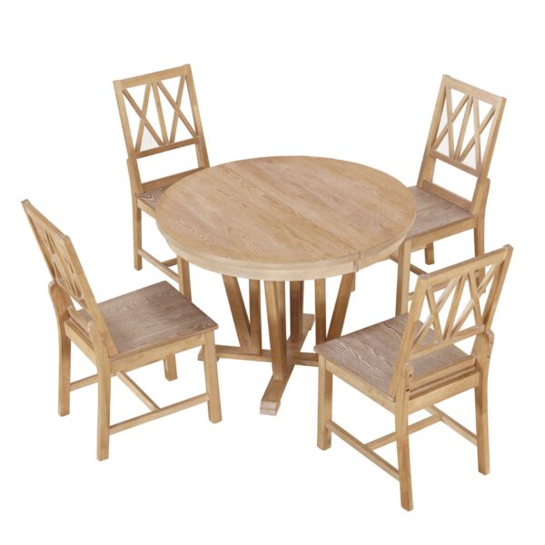 Topmax - 5 Piece Rustic Extendable Dining Table Set Round Trestle Table And 4 Cross Back Dining Chairs For Kitchen, Dining Room - Natural