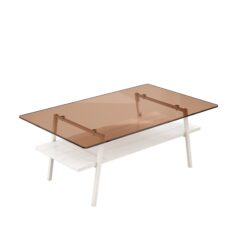 Rectangle Coffee Table, Tempered Glass Tabletop With White Metal Legs, Modern Table For Living Room - Brown / White