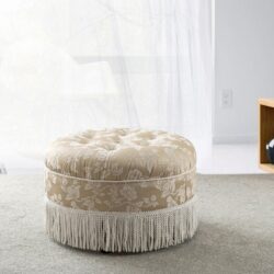 Yolanda - Floral Round Upholstered Accent Ottoman - Champagne Beige / Ivory