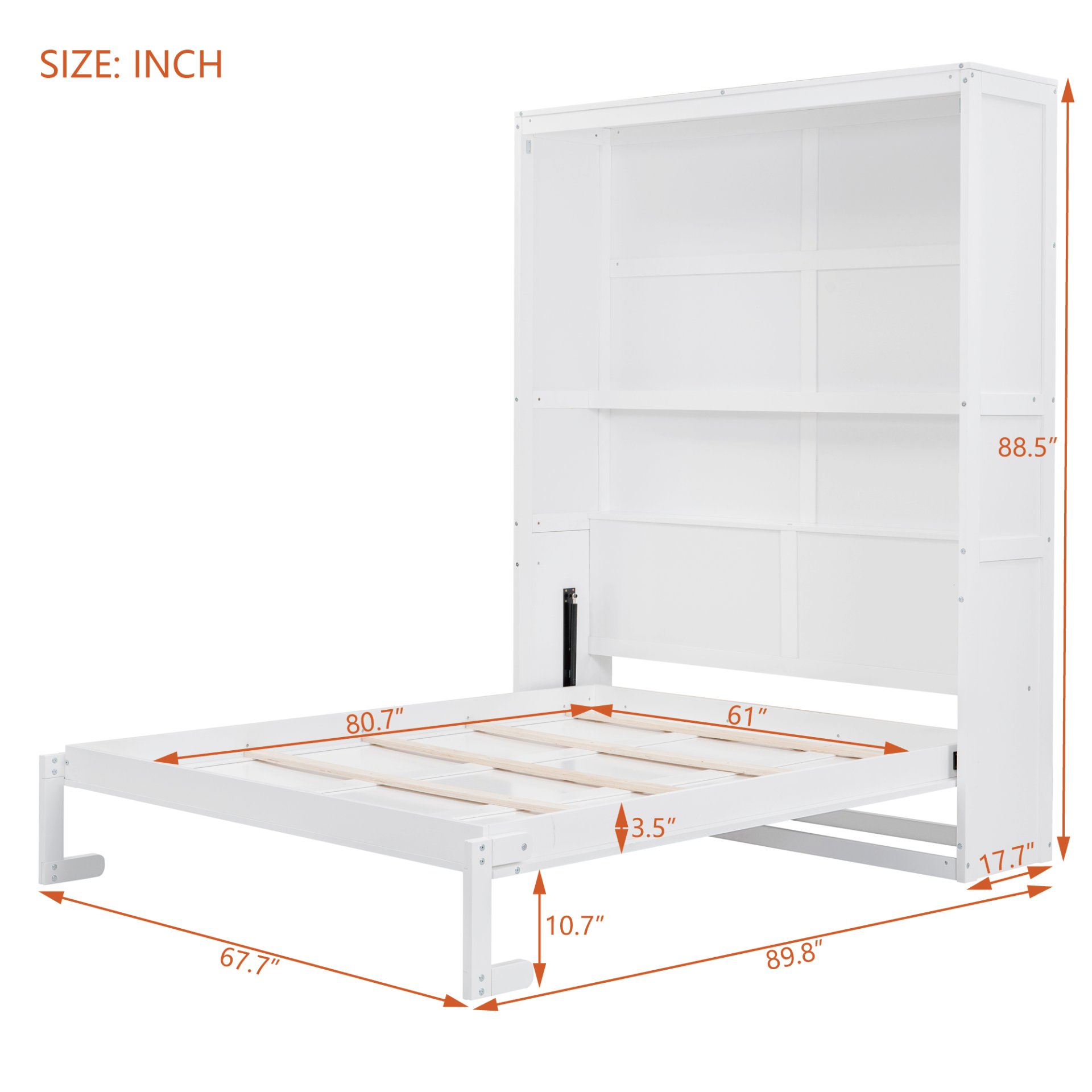 Queen Size Murphy Wall Bed With Shelves, Space Saving - White - Image 3