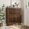 Medieval - Modern Shoe Storage Cabinet With 2 Flip Drawers And Fence Design - Walnut - Image 4
