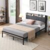 Full Size Metal Platform Bed Frame With Upholstery Storage Headboard And USB Liner - Beige / Black - Image 9