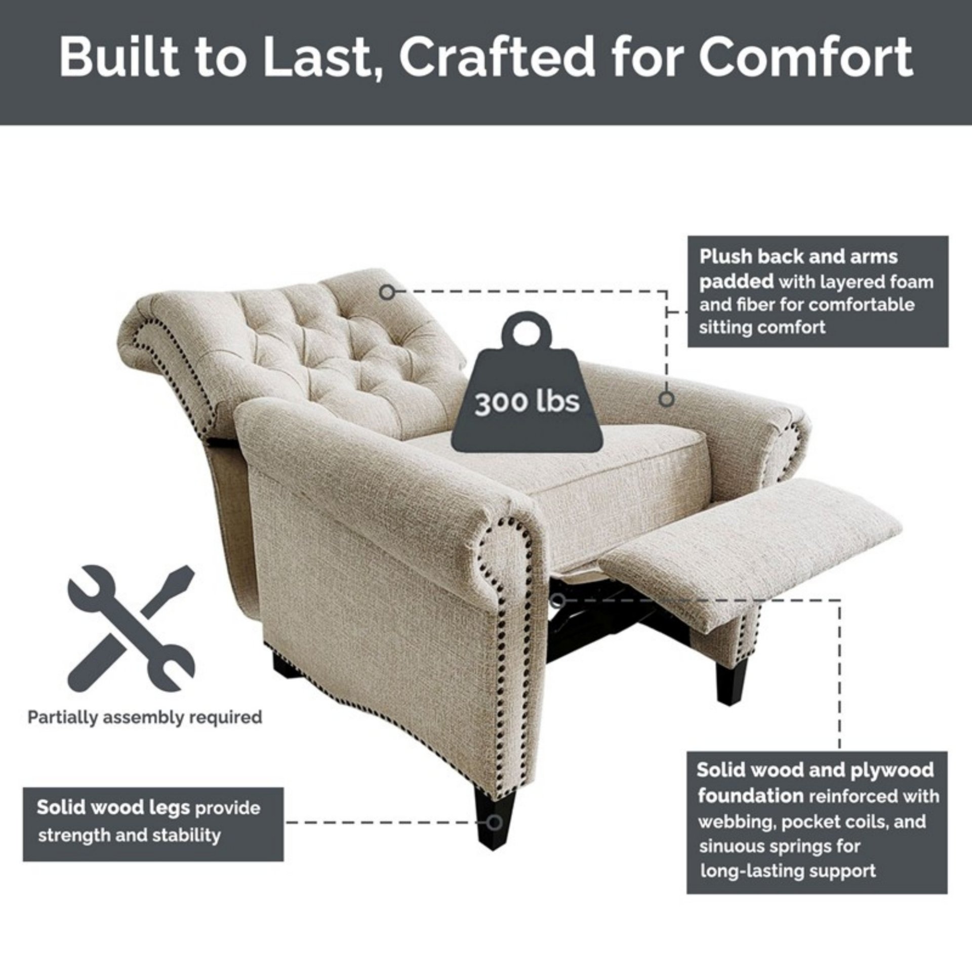 Aidan - Push Back Recliner Chair With Tufted Back And Nailhead Trim - Cream - Image 5