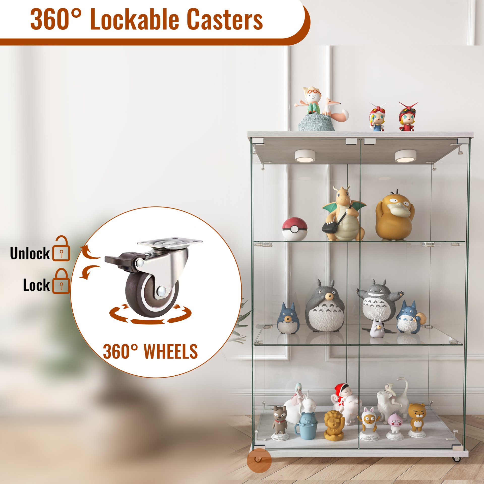 Modern Display Cabinet With LED Lights, Tempered Glass 2 Door Storage Case With 3 Shelves For Living Room - Transparent - Image 16