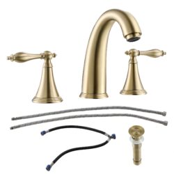 2 Handle Widespread Bathroom Faucet With Pop Up Drain And Water Supply Lines - Gold