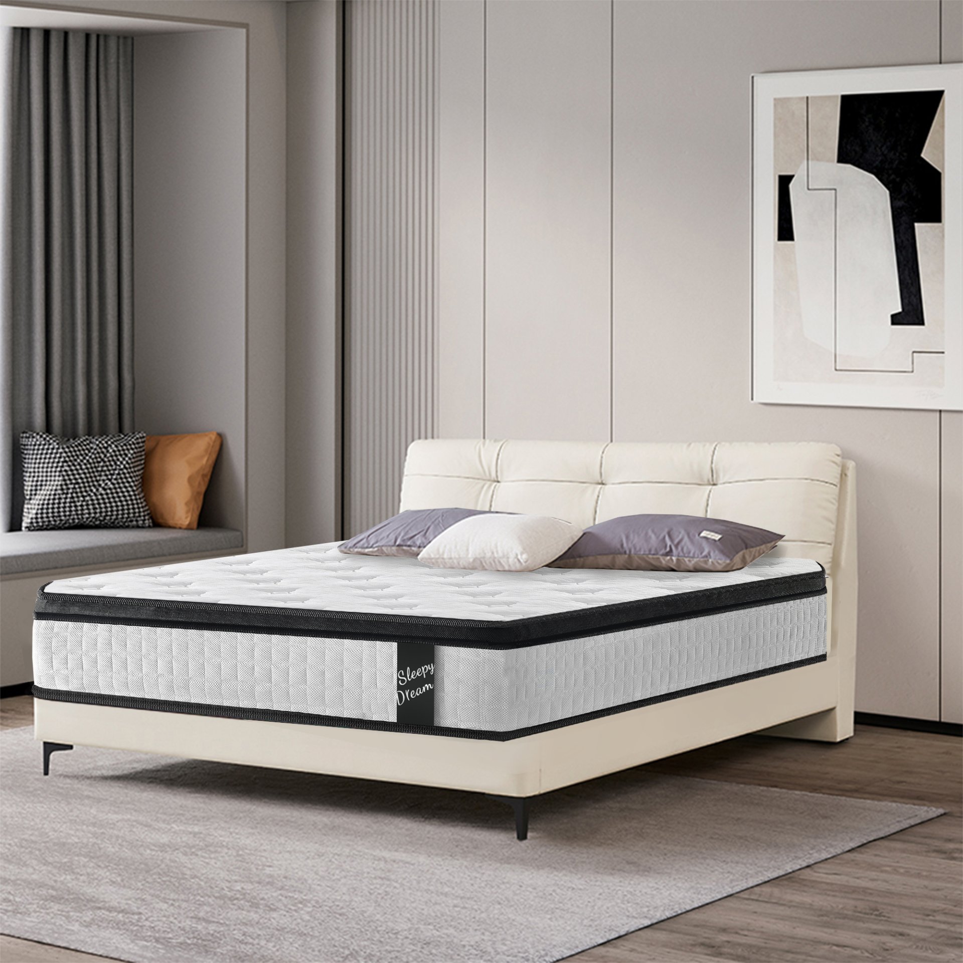12" King Size Hybrid Mattress Individual Pocket Springs Medium Memory Foam Comfortable Knitted Cover - White / Black - Image 9