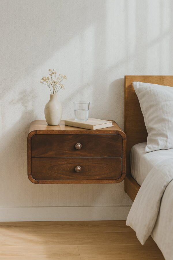 Curved Wall Mounted Bedside Table - Walnut