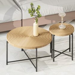 Coffee And End Table Set Waterproof Cover, Distressed Cylindrical Design, Legs Classic Rustic Charm (Set of 2) - Oak Natural Wood / Antique White