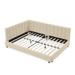 Mid Century Velvet Upholstered Full Size Tufted Bed Frame With Backrest And Armrests - Beige