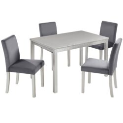 5 Pieces Wooden Dining Table Set, Kitchen Table Set With A Rectangular Table And 4 Upholstered Chairs - Silver Gray
