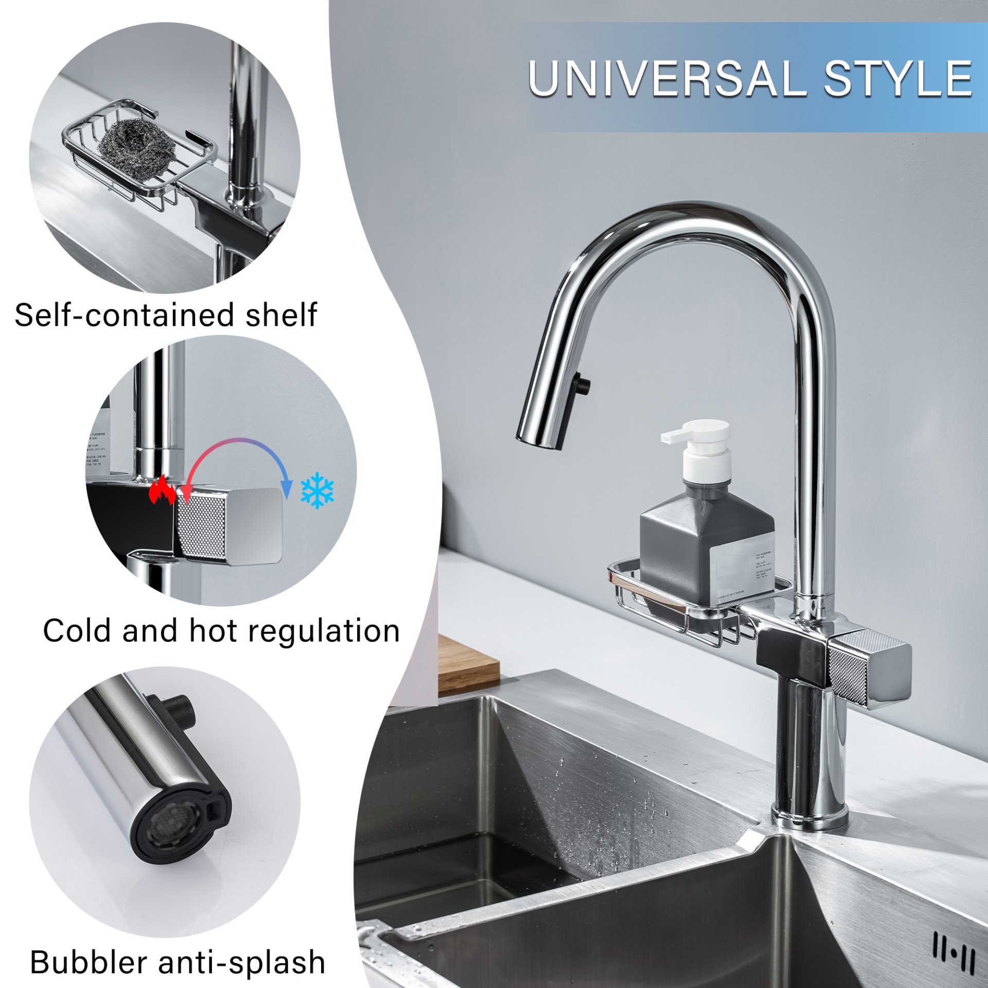 Cincosky - High Arc Pull Down Kitchen Faucet With Dual Function Sprayer, Chrome Stainless Steel, Single Hole - Chrome - Image 5
