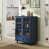 Vintage Buffet Cabinet With Double Glass Doors And Drawer, Storage Sideboard - Blue - Image 4