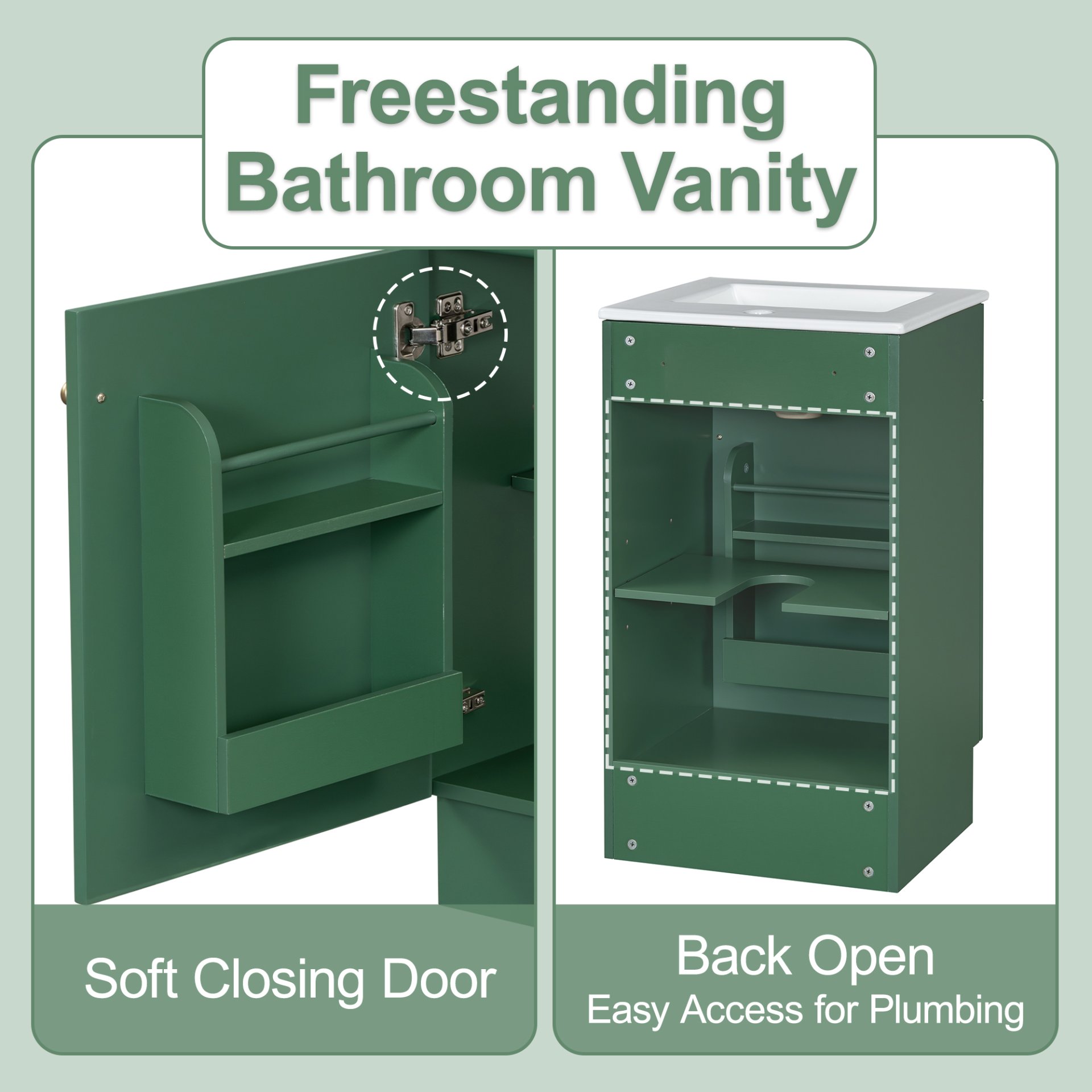 18" Bathroom Vanity With Sink, & Ceramic Cabinet With Adjustable Shelf - Green - Image 7