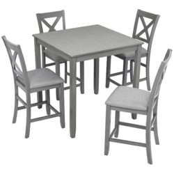 5 Piece Dining Table Set, Wooden Dining Square Table Set For 4, Counter Height Kitchen Table Set With Square Table And 4 Upholstered Chairs For Small Space - Gray