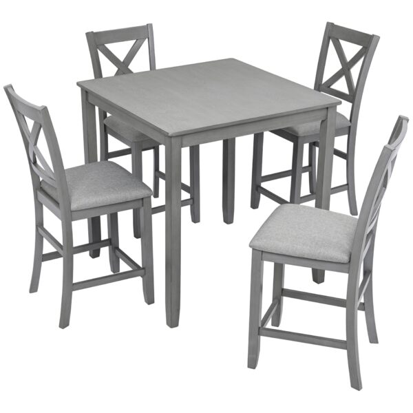 5 Piece Dining Table Set, Wooden Dining Square Table Set For 4, Counter Height Kitchen Table Set With Square Table And 4 Upholstered Chairs For Small Space - Gray