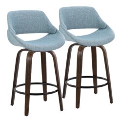 Fabrico - Mid-Century Modern Fixed Height Counter Stool With Round Footrest (Set of 2) - Walnut / Blue