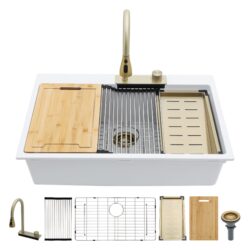 Drop In Waterfall Kitchen Sink With Pull Out Faucet - White