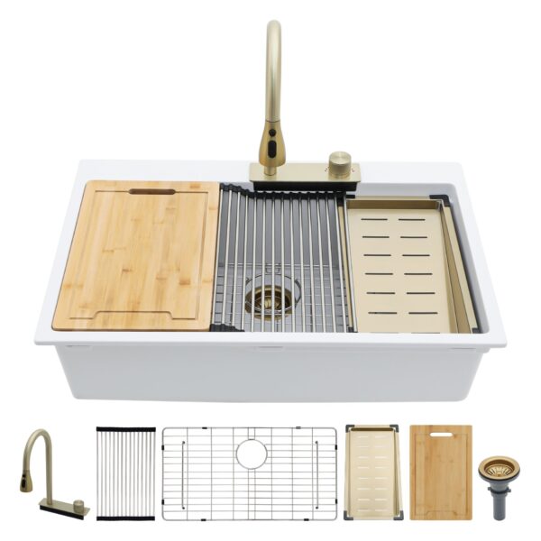 Drop In Waterfall Kitchen Sink With Pull Out Faucet - White