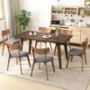 Mid Century 7 Piece Dining Set With Walnut Frame Upholstered Chairs And Wood Table - Dark Gray / Brown - Image 2