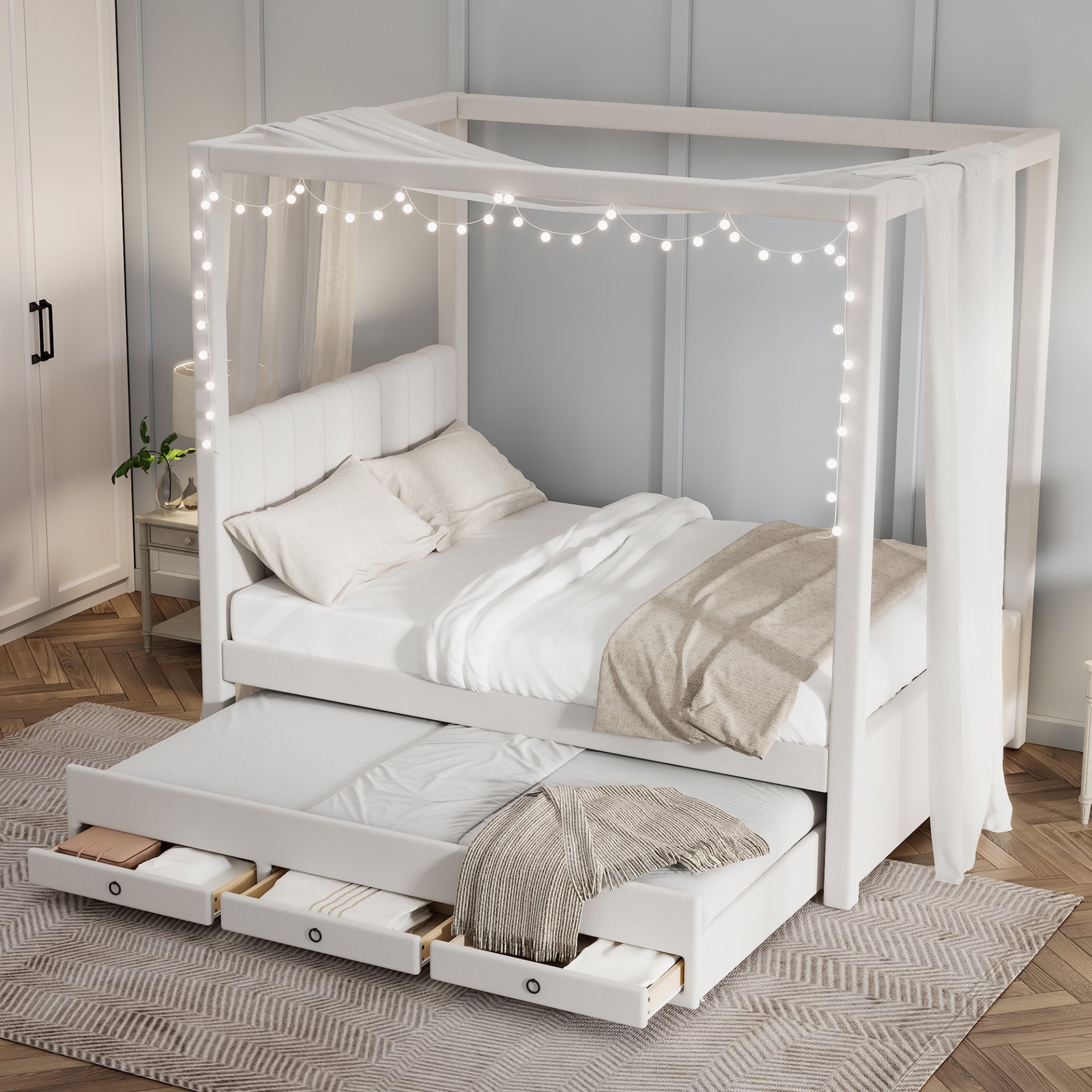 Full Size Upholstery Canopy Platform Bed With Trundle And Three Storage Drawers - Beige - Image 4