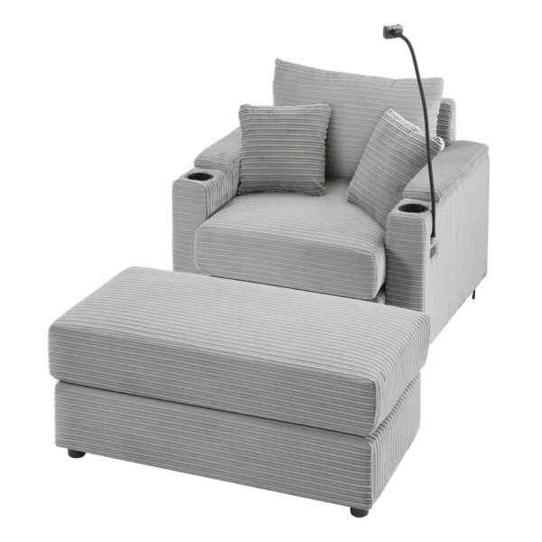 Modern Style Single Sofa Sofa Couch With Storage Space, A Movable Ottoman, Two USB Ports, Two Cup Holders, A Phone Holder For Living Room - Gray