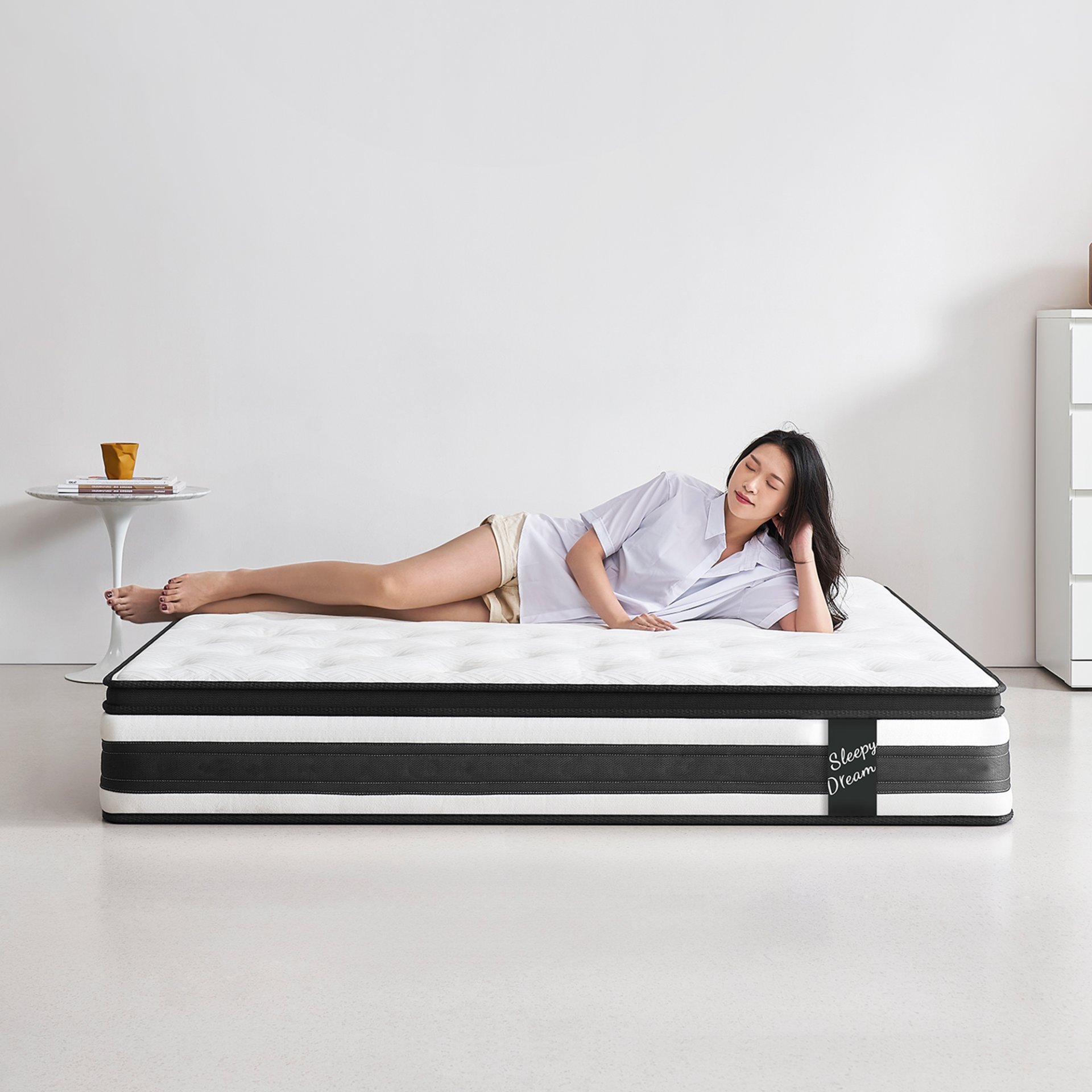 12" Full Size Hybrid Mattress Breathable Cool Knitted Cover Soft Memory Foam Individual Pocket Spring - White / Black - Image 6
